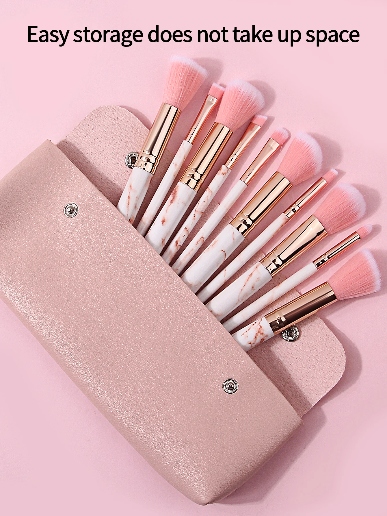 14PCS pink set with 10 marble makeup brushes +3pcs setting triangle powder puff +1pcs double button makeup brush storage bag