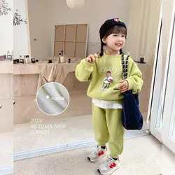 Girls' Autumn and Winter Clothes 2022 New Children's Fleece-Lined Sweater Children's Casual Trousers Baby Girl Two-Piece Suit