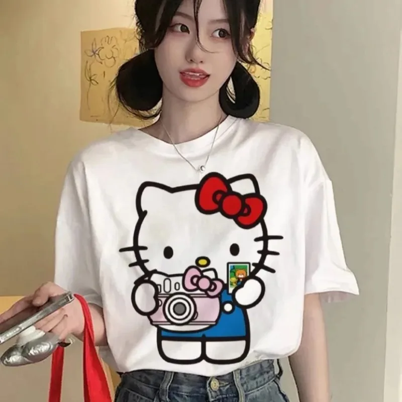 Kawaii Hello Kitty T-shirt Y2K Tops Women's Cotton Anime Kawaii Short Sleeve Summer Harajuku Oversized Couples