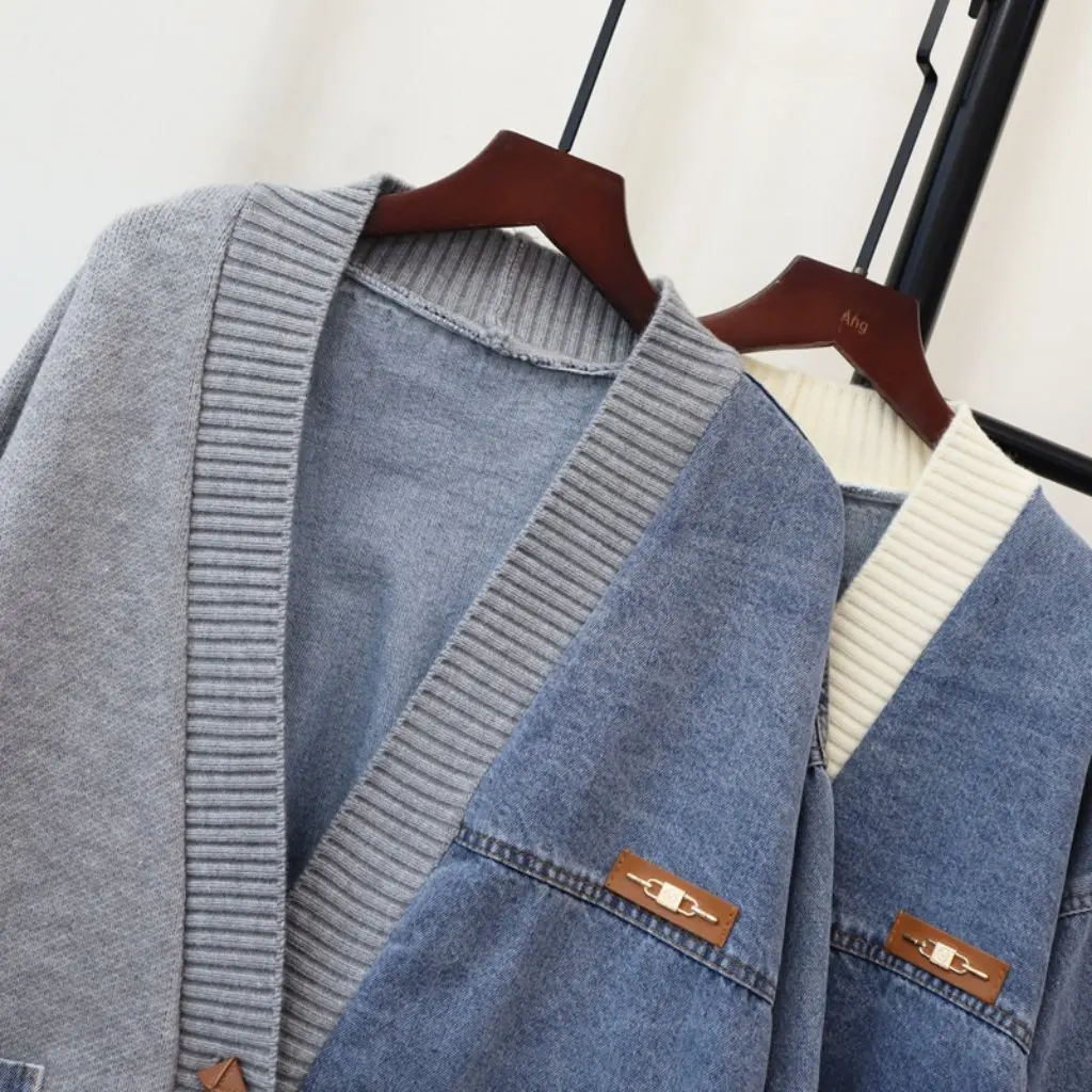 

Женский свободный вязаный кардиган в корейском стиле, осенне-зимний джинсовый дизайн, модный свитер в ленивом стиле, куртка