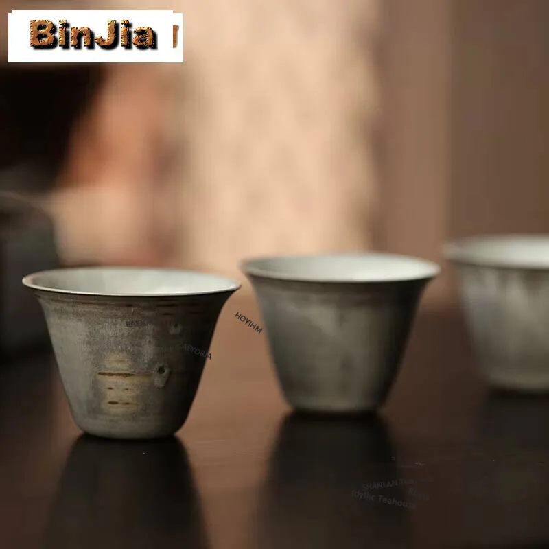 50ml Master Handamde Grey Water Moon Cup Japanese Wood-fired Porcelain Master Cup Thin Tire Stone Glazed Tea Mug Kung Fu Teaset