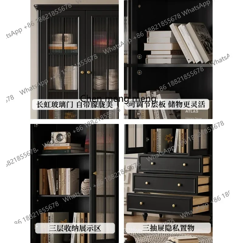 Q181  French retro solid wood bookcase living room study antique double door display glass storage cabinet