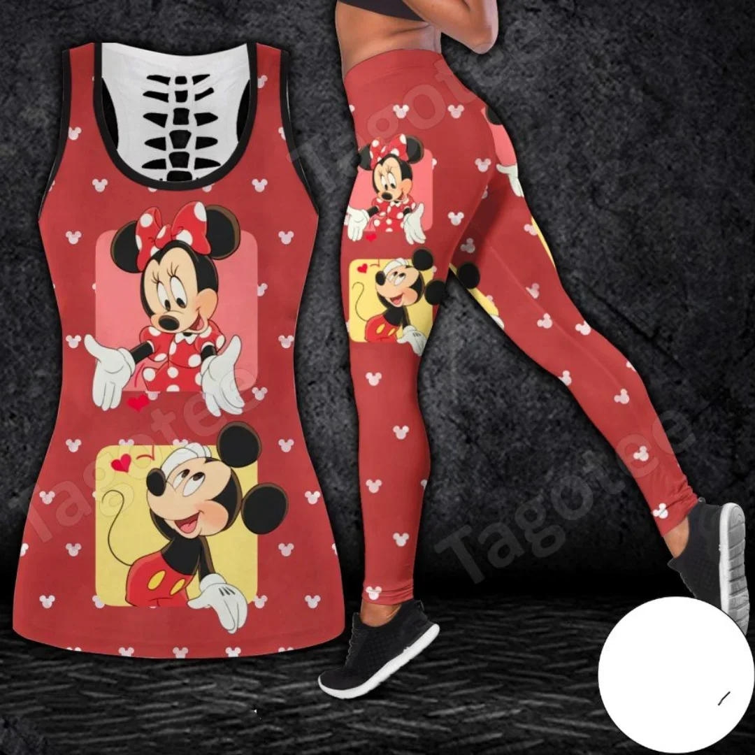 2024 nowa damska myszka Minnie z wydrążonymi koszulkami zestaw do jogi letnie legginsy Fitness dres Disney Tank Top komplet legginsów