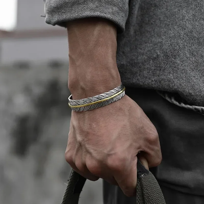 Vintage Punk Silver Color Feather Cuff Bracelet for Men Women Wrist Adjustable Bracelet Charm Birthday Gift