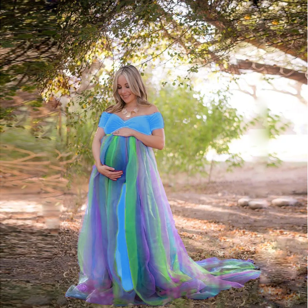 

Colorful Tulle Women Maternity Robes Rainbow Colors Photo Shoot Pregnant Bathrobe Evening Dress Photograph Party Prom Sleepwear