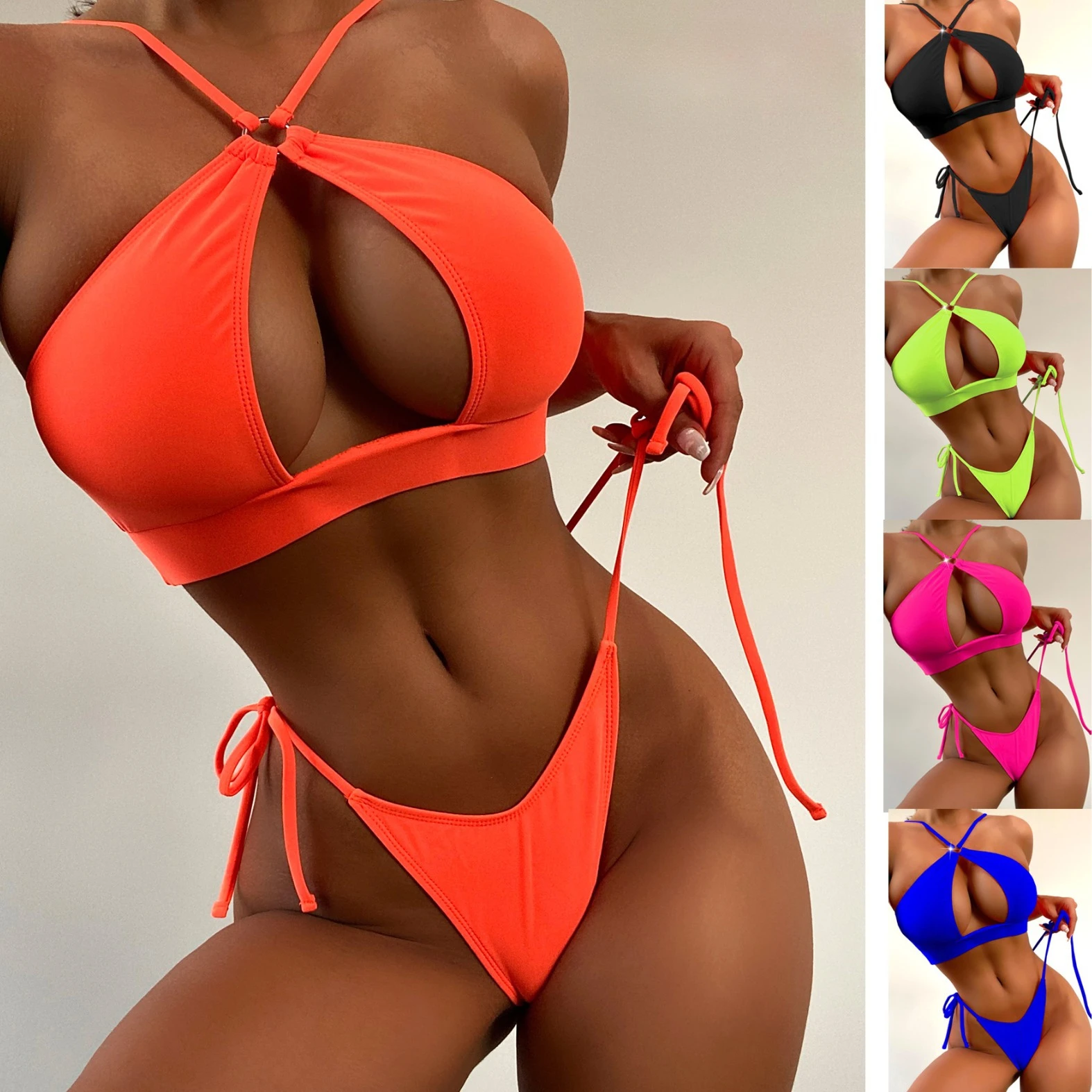 2025 Sexy Solid Color Cutout Separates Swimsuit Sexy Bikini Swimwear  Tankini Swimsuits Women Lanyard Adjustment Micro Bikini