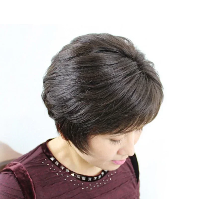 Short Straight Asian Wig Human Hair For Middle Aged And Elderly Women With Bangs Realistic And Comfortable Wig Natural Black