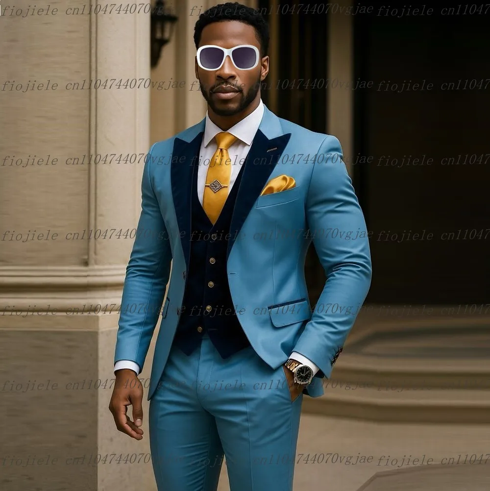 

New Blue And Navy Blue Velvet Men Suit Formal Wedding Party Groom Groomsman Business Male Tuxedos 3 Piece Set Jacket Vest Pants