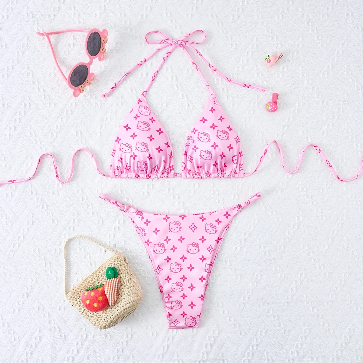 2Pcs Hello Kitty Bikini Set Anime Y2k Cute Cartoon Summer Beach Strappy Panties 2024 Sanrio Sexy Bikini Kawaii Swimsuit Women