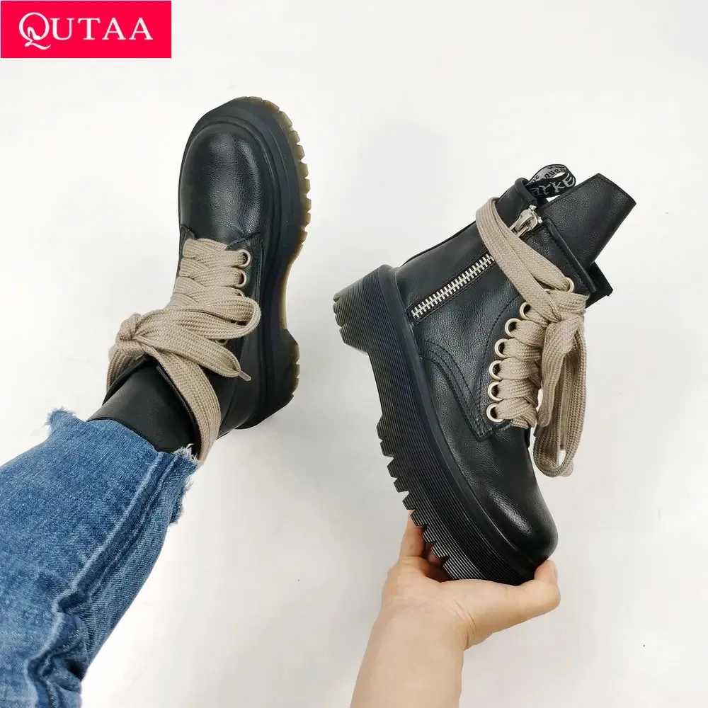 

QUTAA 2024 Thick Med Heels Women Ankle Boots Autumn Winter Genuine Leather Shoes Woman Motorcycle Chelsea Short Boots Size 34-40