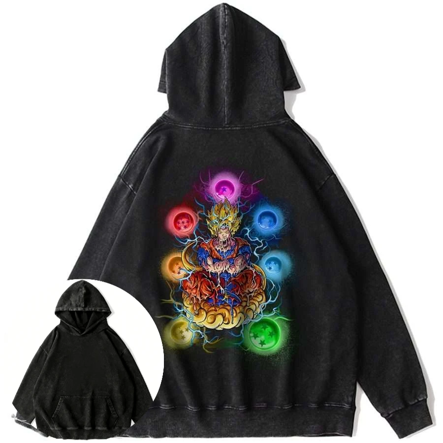 

Mens Vintage Washed Cotton Y2K Hoodie Anime Dragon Ball Goku Character Seven Dragon Balls Graphic Casual Pullover Hooded