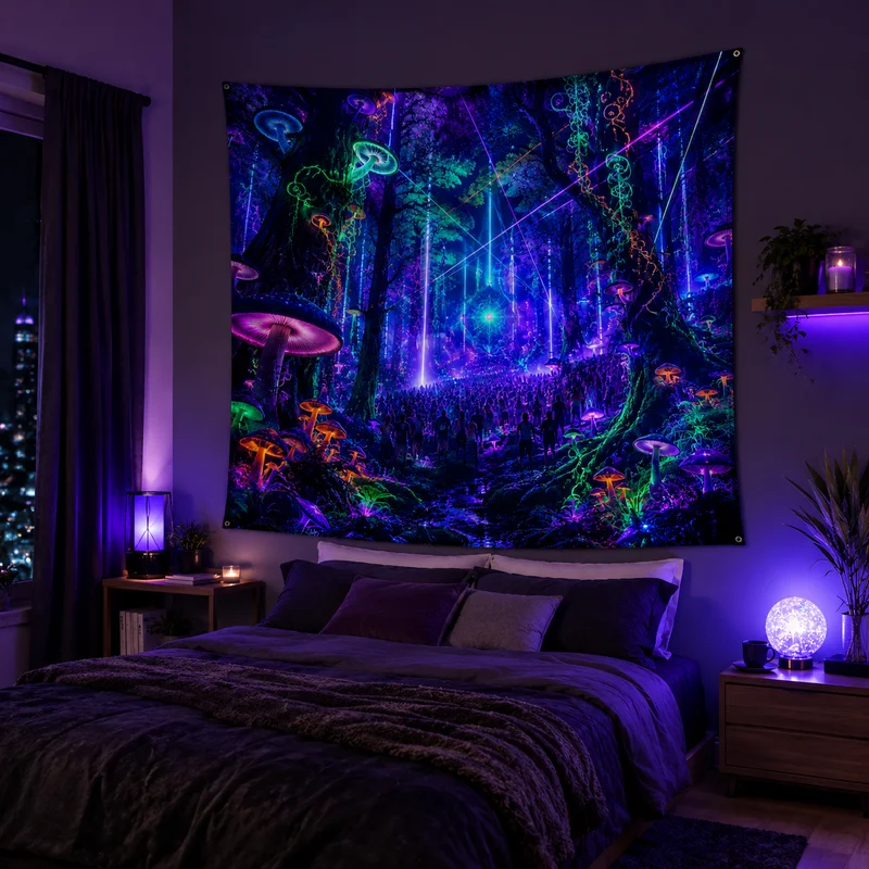 VIKAMA Enchanted Forest Tapestry, Neon-Style Mushroom Mysterious and Fantastical Nightscape Wall Hanging, Home Decor