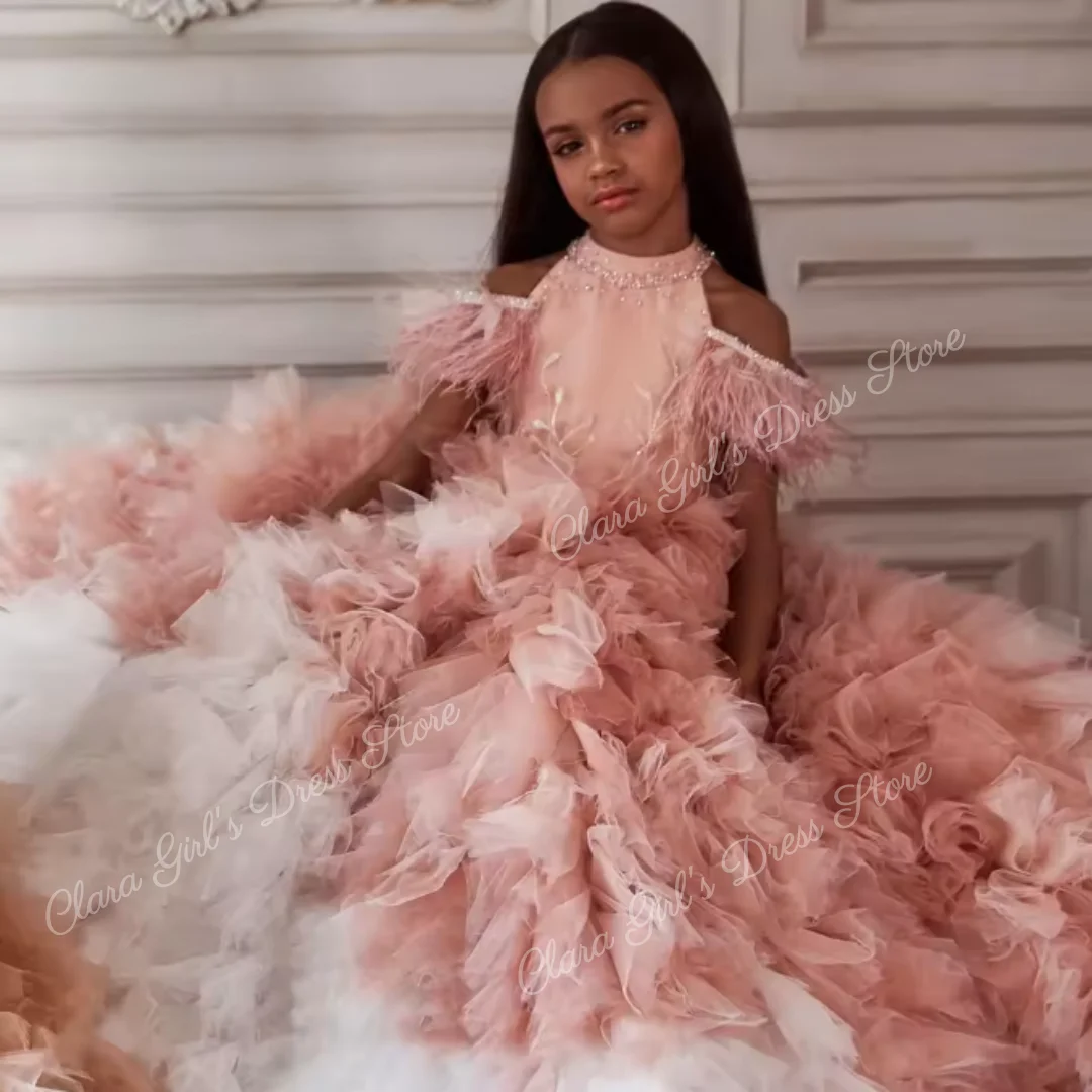 Custom Luxury Off-Shoulder Flower Girl Dress with Feather and Ruffle Details for First Communion Prom Birthday and Wedding Party