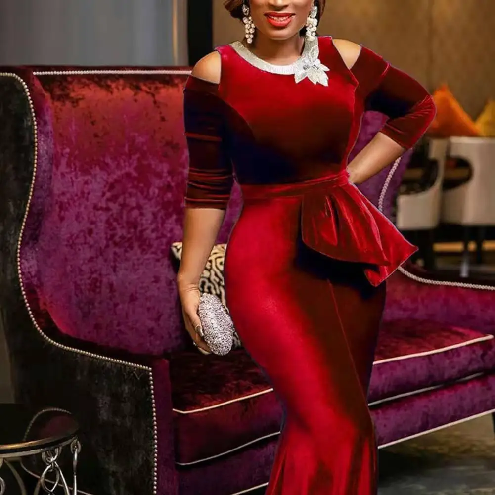 فستان نسائي مخملي عتيق أنيق بحاشية ذيل السمكة بطول الأرض بقصة ضيقة 3/4 كم فستان ماكسي حورية البحر فستان سهرة