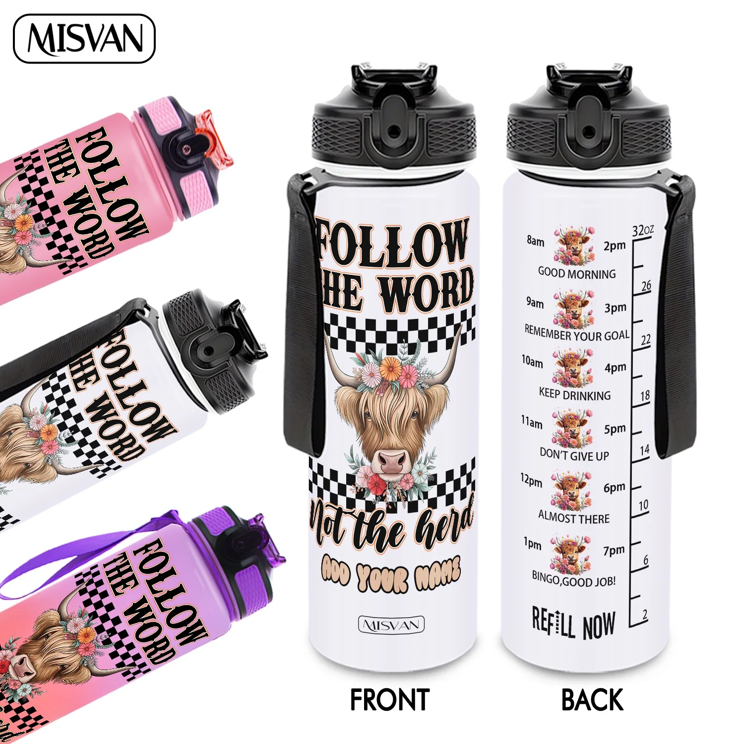 

1PC, Floral Cow Head Checkerboard Text Design ,32oz Gradient Water Bottle-Leak-Proof,HD Non-Peeling Pattern,Perfect for Sports,F