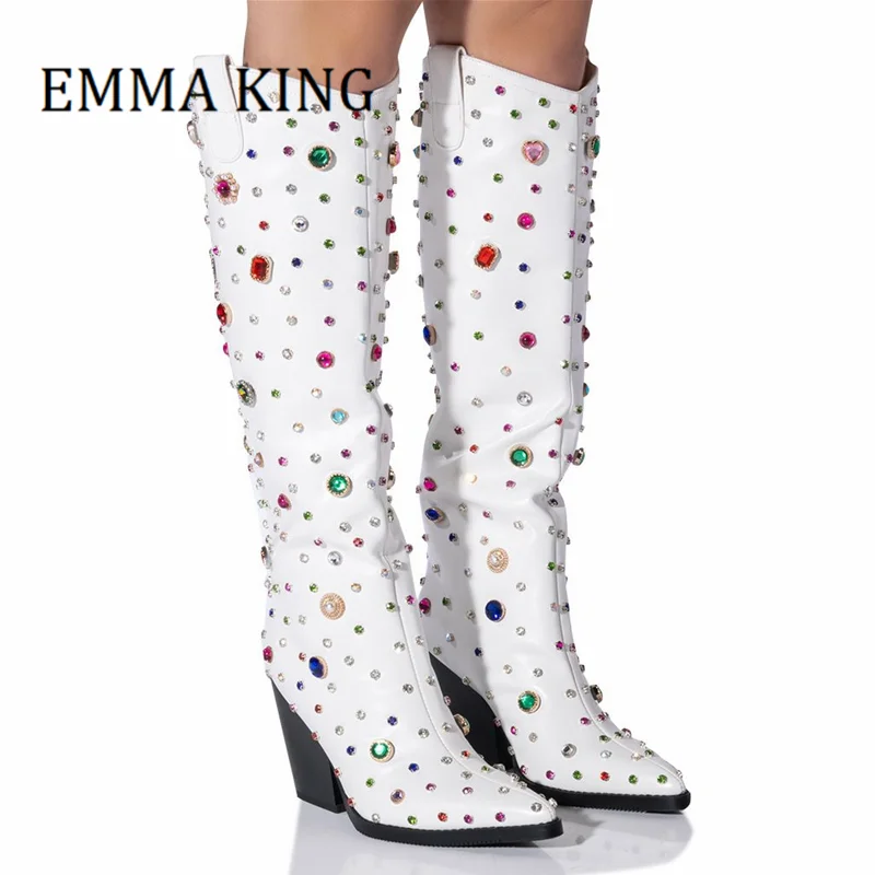 

Rhinestone Embellished Western Cowgirl Boots Chunky Block Heels Knee High Boot Pointed Toe Slip-on Gemstone Decor Botas De Mujer