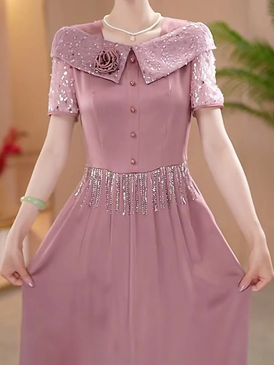 エレガントなハイウエスト A ラインドレス光沢のあるサテン刺繍花装飾痩身ミディスカートファッショナブルな夏の新着