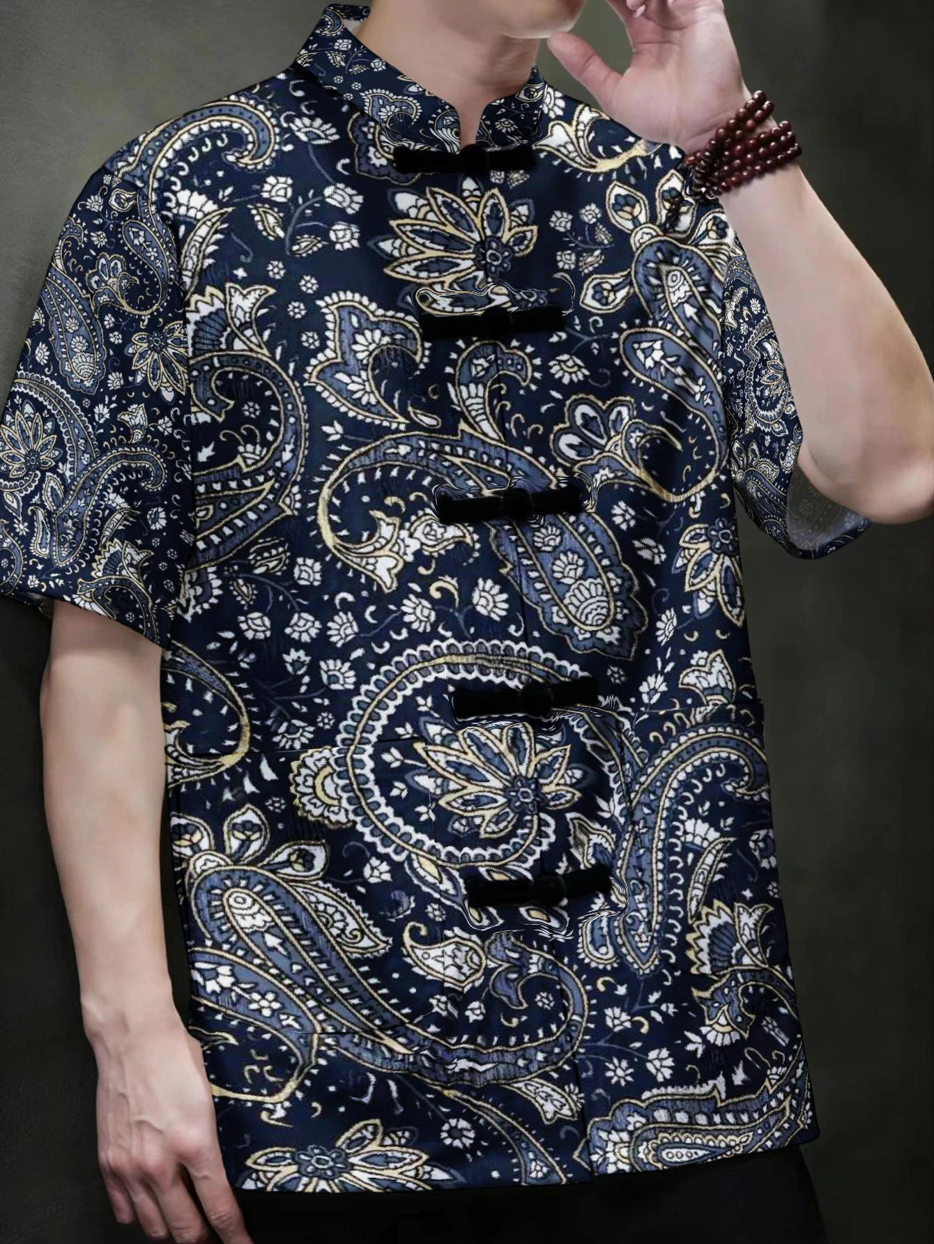男性用、中国風の唐装、半袖シャツ、伝統的な蛙ボタン、スタンド - Ethnic Wear Fashion Designer のレビューと価格