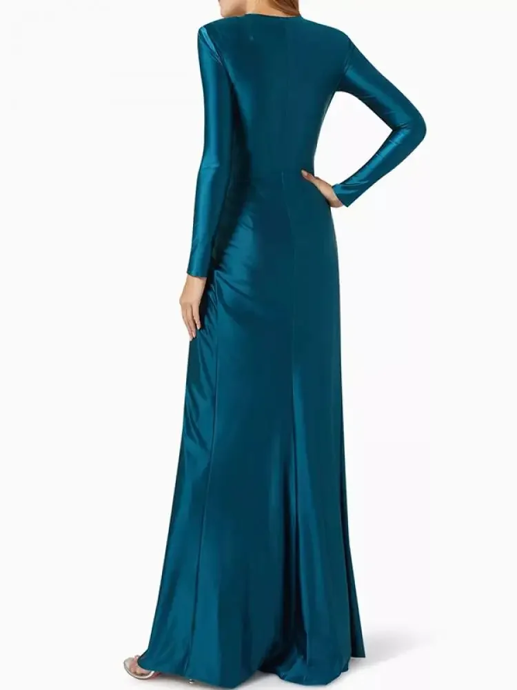 Onecozyday Solid Color Slim Fit Eveing Dress for Women Deep V-neck Long Sleeve Tied Waist Pleated Maxi Dress Ladies Party Gowns