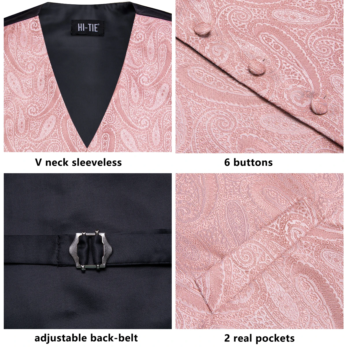 Hi-Tie Wedding Coral Pink Mens Vest Silk Tie Set Adjustable Jacquard Waistcoat Jacket Necktie Hanky Cufflinks Formal Party Gifts