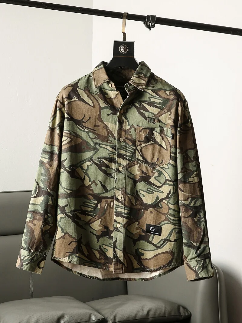 

Spring New Sle Loose Fit Long Sve Waed Pure Cotton Camouflage Print Men's Casual irt Retro Japanese Sle Button up