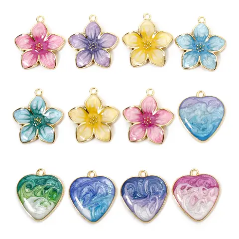 5 PCs Zinc Based Alloy Charms For Jewelry Making Gold Color Gradient Color Multicolor Pearlized Flower Heart Enamel Pendants DIY
