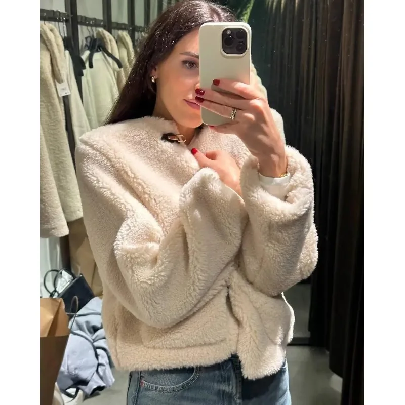 2025年 女性用 ベージュ カジュアル ルーズコート ファッション レディース 冬 フェイクファー 厚手 暖かい ラムウール オックスホーンバックル ジャケット コート ストリート アウター