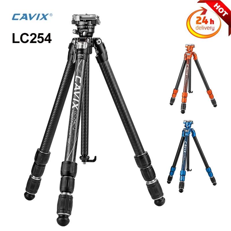 CAVIX LC254 Professional Carbon Fiber Tripod 4 Sections Panoramic Gimbal Tripod for Outrdoor Videography, Max High 59.25inch