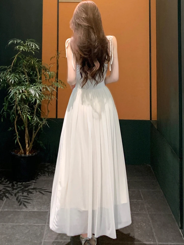 ชุดเดรสผ้าตาข่ายสีขาว แต่งโบว์เก๋ เซ็กซี่ สำหรับผู้หญิง ฤดูร้อน หรูหรา สง่างาม เหมาะสำหรับงานเต้นรำ ปาร์ตี้ ปี 2025 สไตล์เกาหลี วินเทจ ทรงเข้ารูป ชุดราตรี