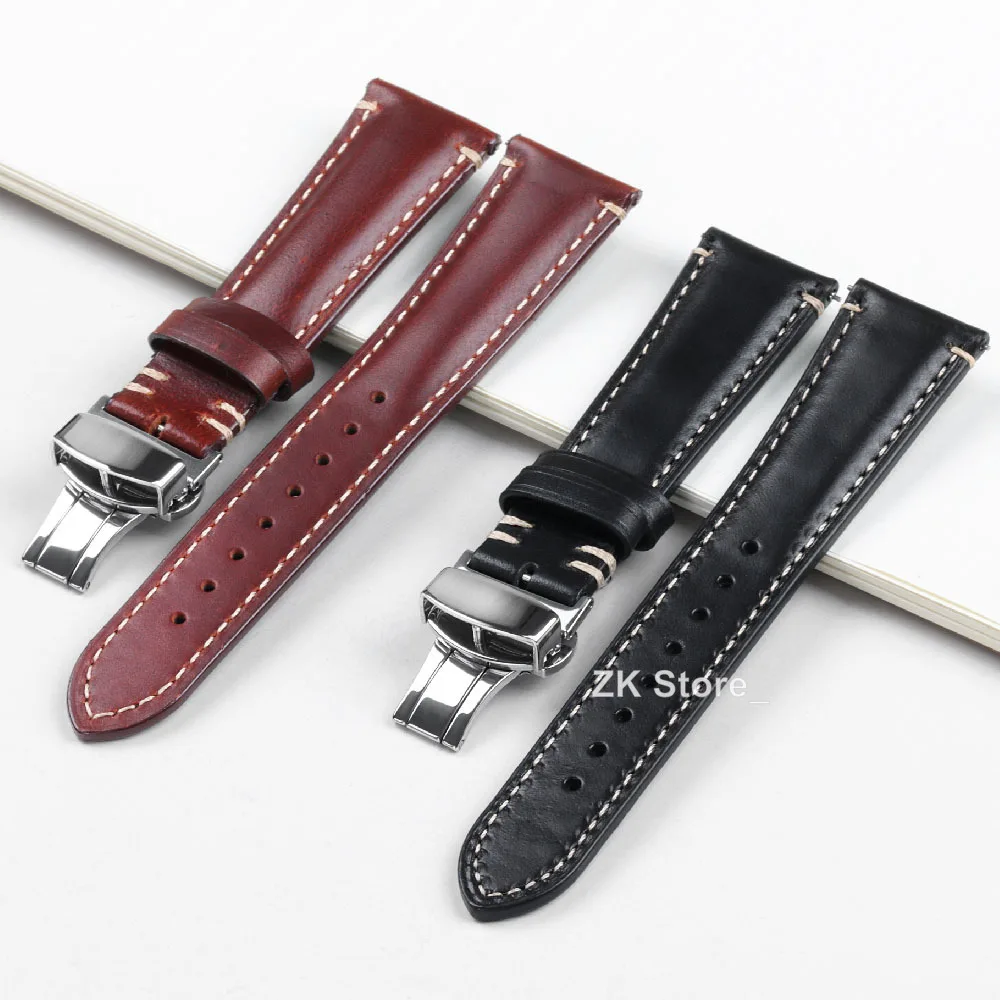 Smooth Genuine Calfskin Leather Watchband 20mm 22mm 24mm Watch Straps with Solid Automatic Butterfly Buckle Business Watch Band
