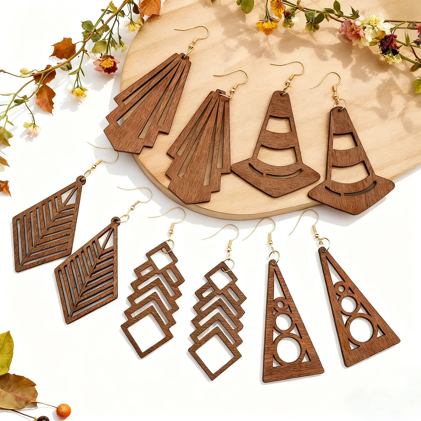 5 Pairs of Geometric Shaped Earrings, Fan-Shaped Traffic Cones, Rhombic and Other Creative Design Wooden Earring Sets