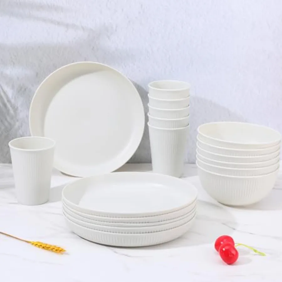 

18 PCS Wheat Straw Dinnerware Sets Unbreakable Dinnerware Set for 6 with Plates Bowls Cups Dorm Plates and Bowls Sets Microwave