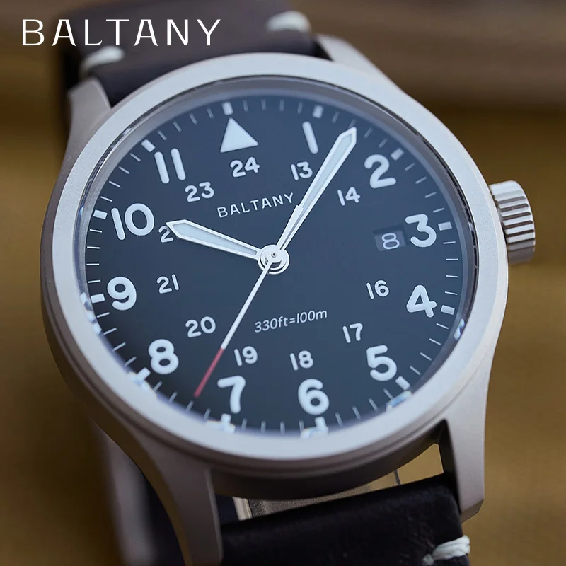 Baltany Men Quartz Field Watch 10-Year Life Battery 10ATM Luminous Leather Sapphire Stainless Steel Date Retro Military Watches