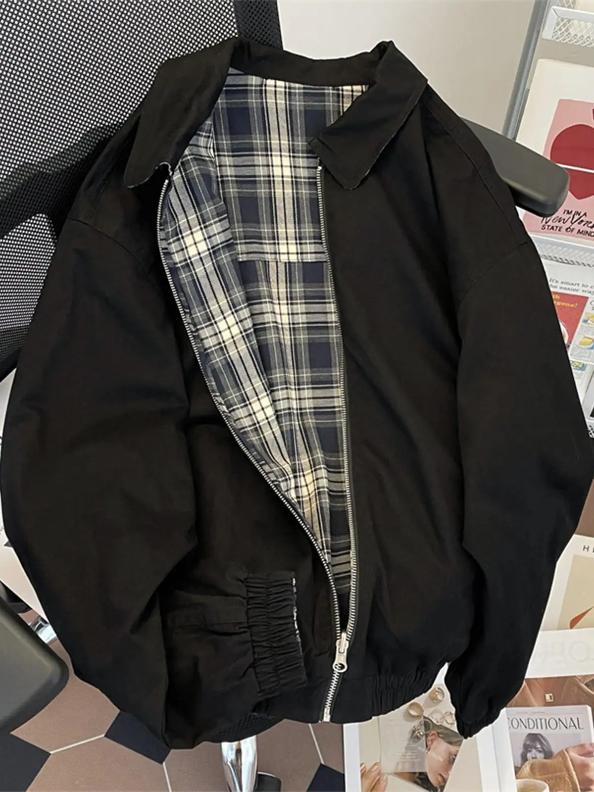 

Мужская свободная повседневная куртка-бомбер в стиле ретро с клетчатым двусторонним дизайном, воротником-пэчворк, молодежный тренд, осенняя верхняя одежда