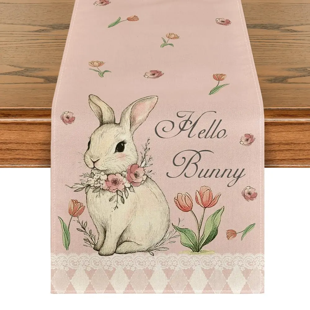 

Pink Bunny Eucalyptus Tulips Easter Table Runner,Seasonal Spring Flowers Kitchen Dining Table Decoration for Home Party Decor