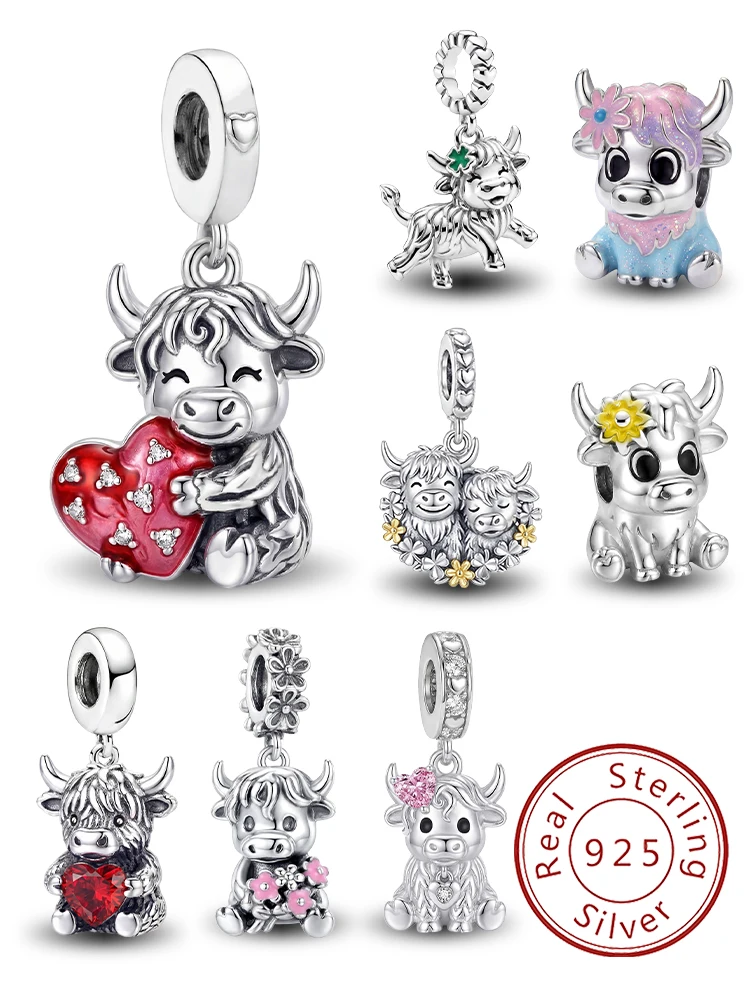 925 Sterling Silber Sweet Love Heart Highland Cattle Charms Perlen zum Selbermachen von Armbändern, hochwertiger Schmuck, Geschenk für Frauen
