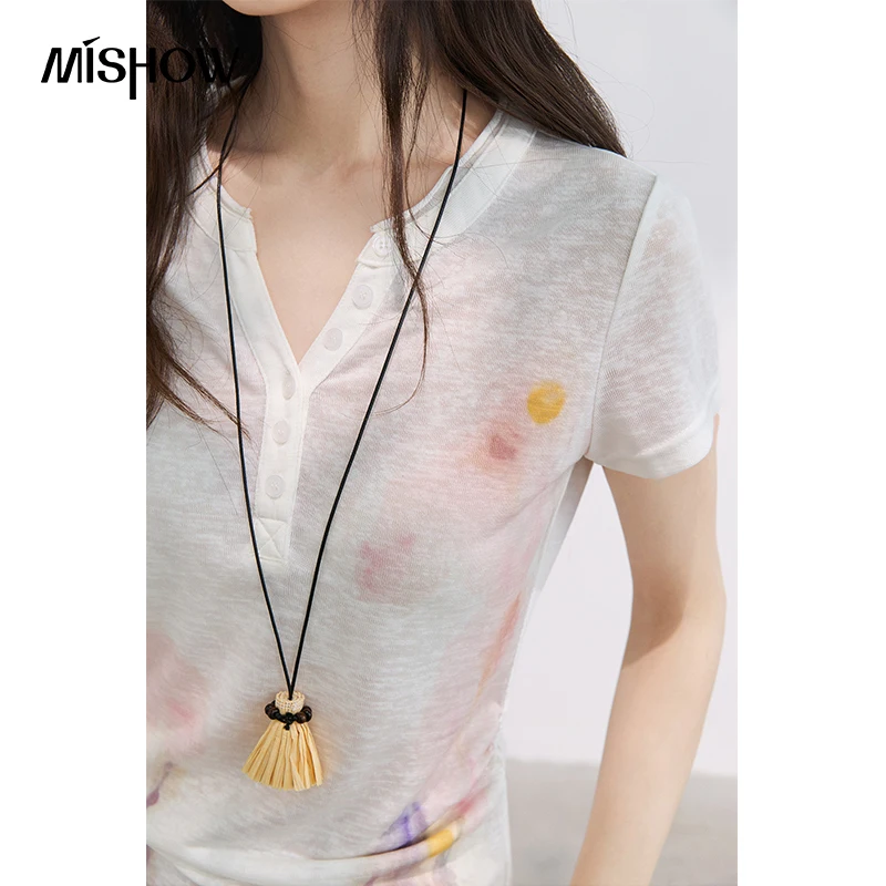 MISHOW Design V-Neck Watercolor Printed T-Shirt For Women 2026 Summer Gentle Pleated Breathable Artistic Slimming Top MXF25T1624