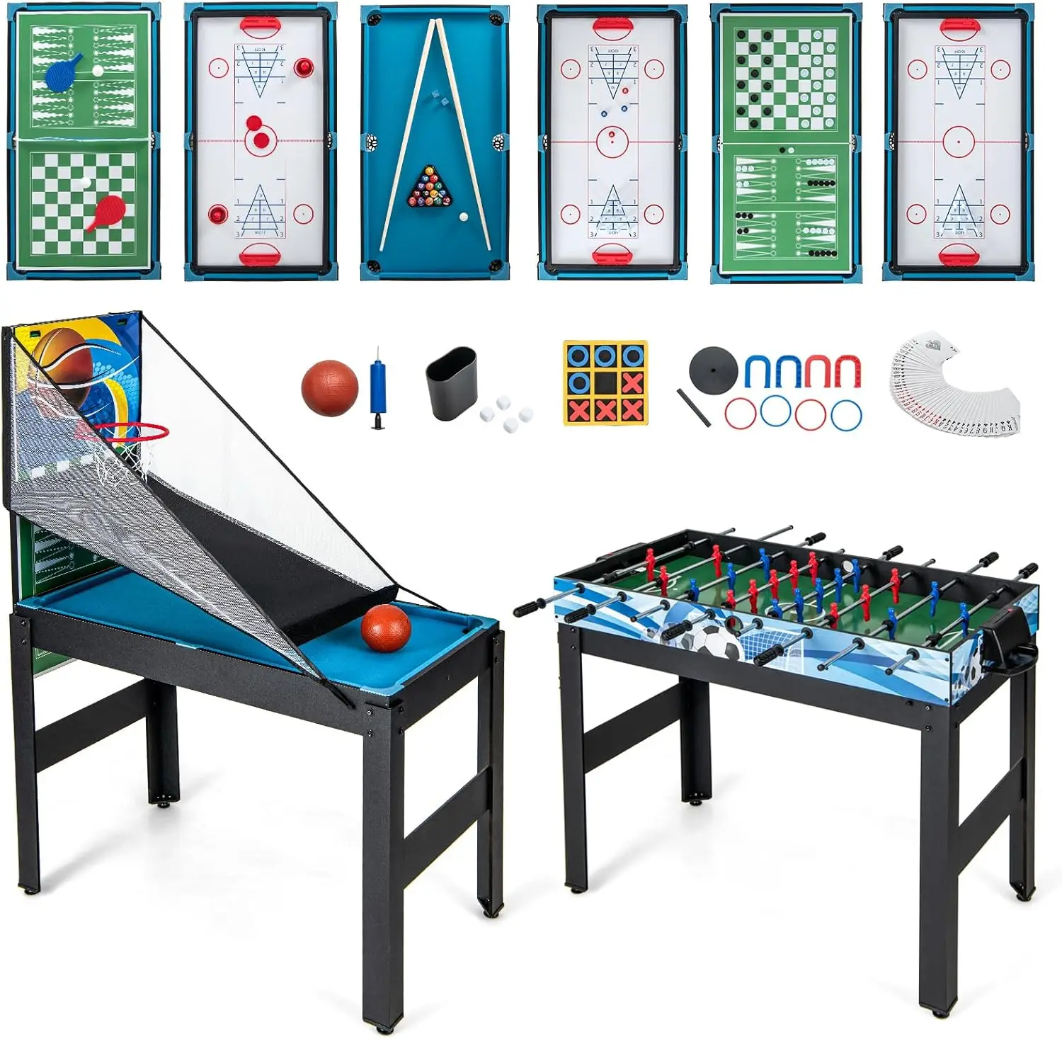 

Multi Game Table 48", 14 in 1 Combo Game Table w/Basketball, Billiards, Foosball, Ping Pong, Hockey, Shuffleboard, Bowling, Ches