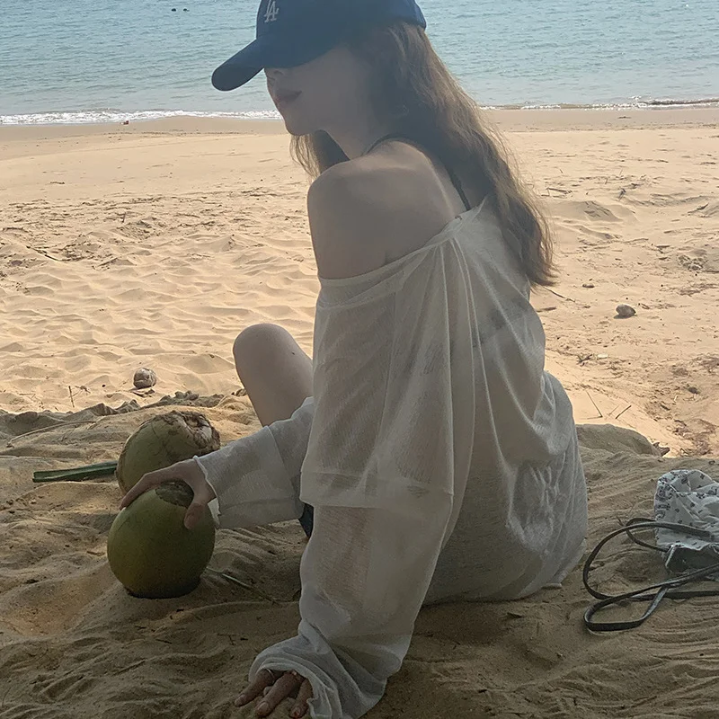 Women Long Sleeve T-shits Tee Summer Clothes 2024 New Korean Dongdaemun Style Female Fashion See Through White Loose Tops