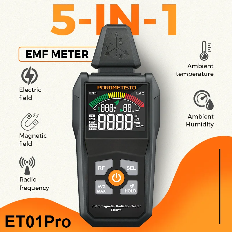 POROMETISTO ET01Pro EMF Meter 5 in 1 Electromagnetic Radiation Tester Three-axis High Frequency 30MHz~8GHz Radiometer with LCD