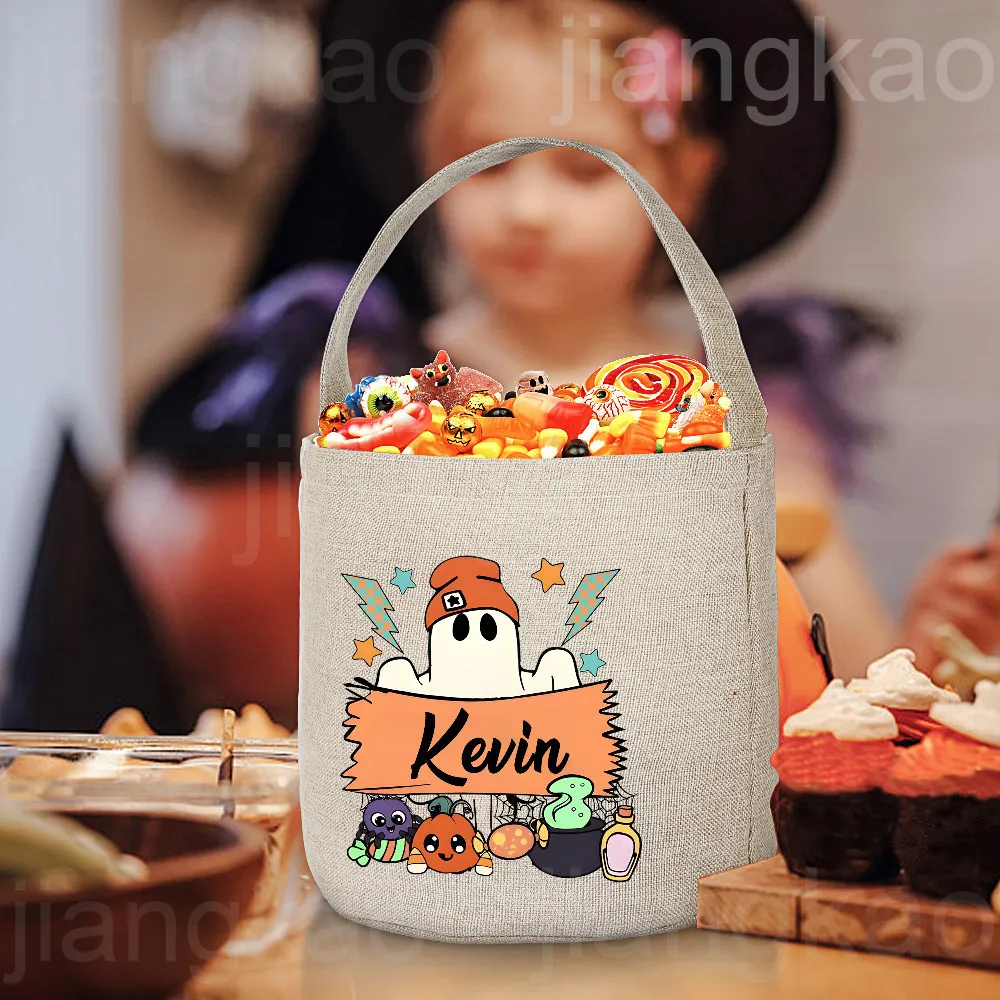 Personalized Trick or Treat Bag Custom Name Candy Bucket Bag Halloween Party Ghost Tote Bags Portable Cookie Basket Gift for Kid