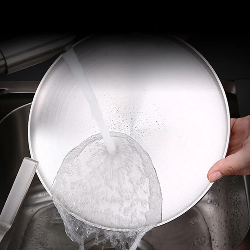 

304 Stainless Steel Double-Wall Round Dish Shallow Plate Wire Drawing Finish Heat Insulation Non-Slip Bottom Food Fruit Server