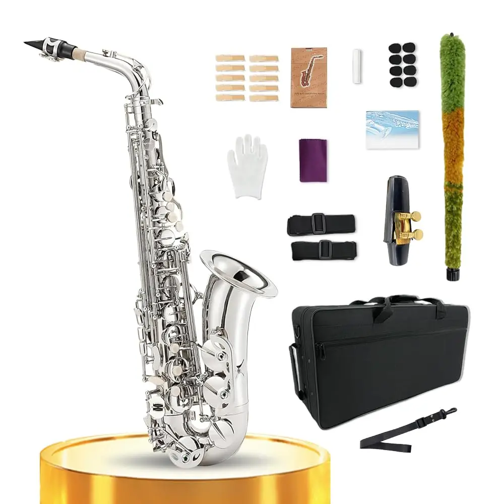 

Sliver Alto Saxophone Eb Flat Sax Brass Instrument with Case & Accessories