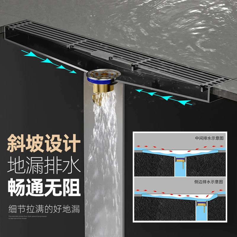 Electroplating gun gray long bamboo row floor drain deodorant 304 stainless steel shower room