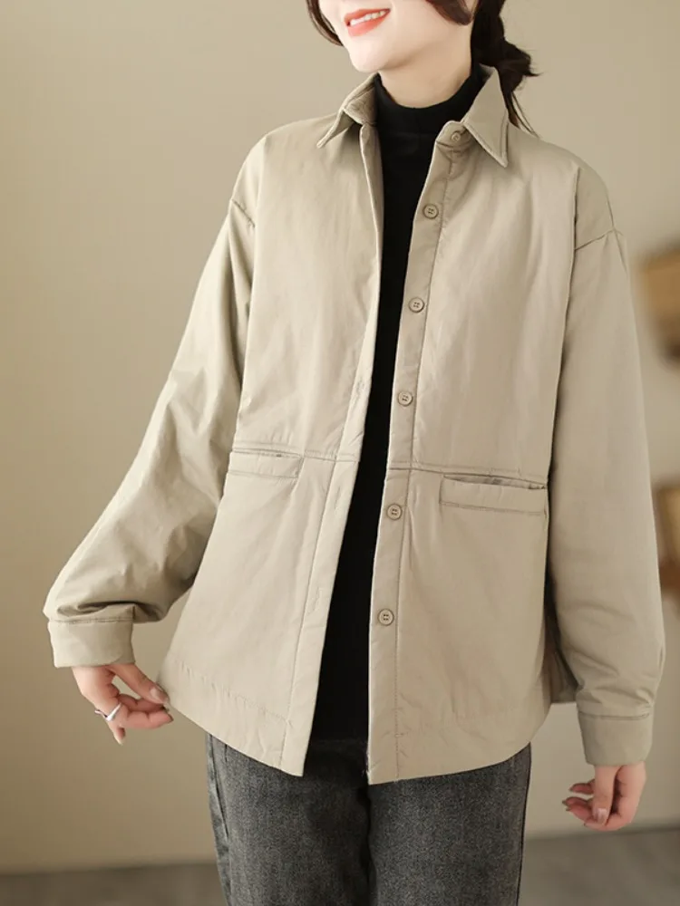 

Korean Sle Thin Cotton irt Women's Winter Warm Outerwear Faionable Age-Defng Open Cardigan Cotton Jaet Button Detail