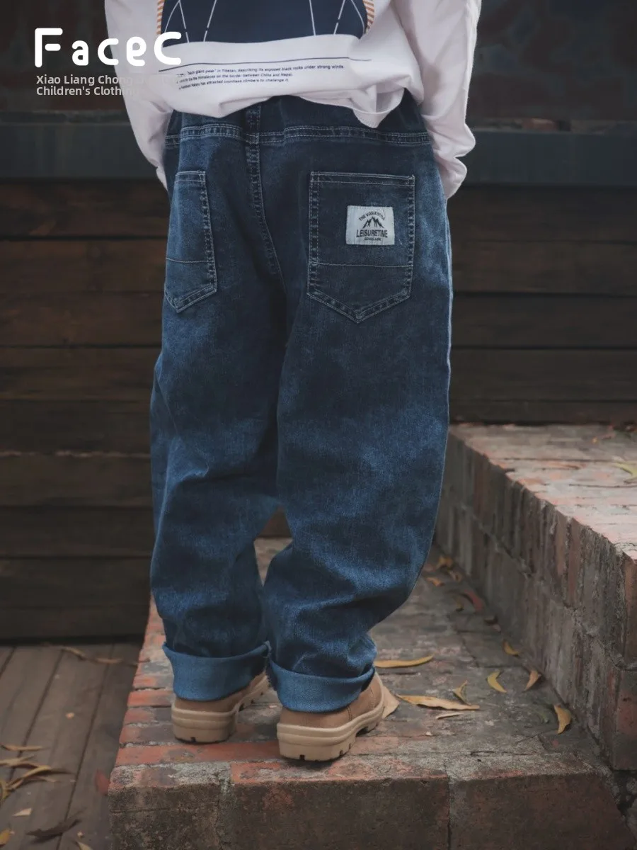 Facec Children's Outdoor Loose Straight Leg Jeans Mountain Series Spring Autumn Cotton Long Trousers for Boys And Girls