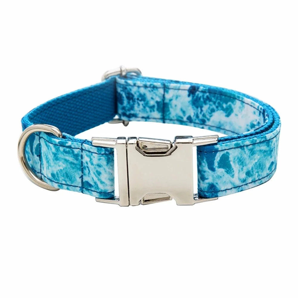 Personalized Sea Wave Pet Collar Custom Puppy Nameplate ID Tag Adjustable Buckle Blue Natural Style Basic Collars Leash