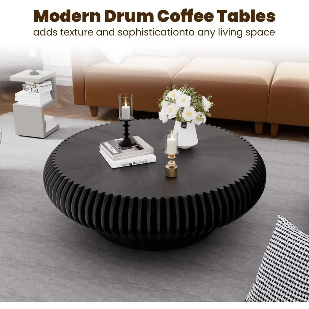 39.3 Drum Coffee Table Modern Unique Fluted Tea Table Contemporary Wood Round