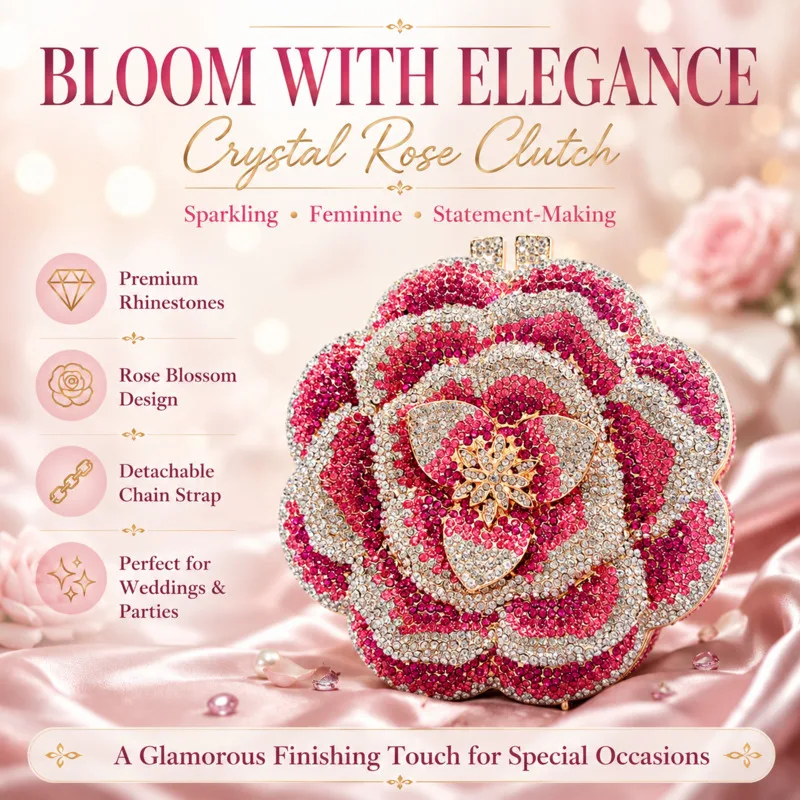 

Luxury Pink Gradient Rose Shape Rhinestone Crystal Evening Clutch Bag For Women Wedding Party Prom Valentines Day Gift For Her