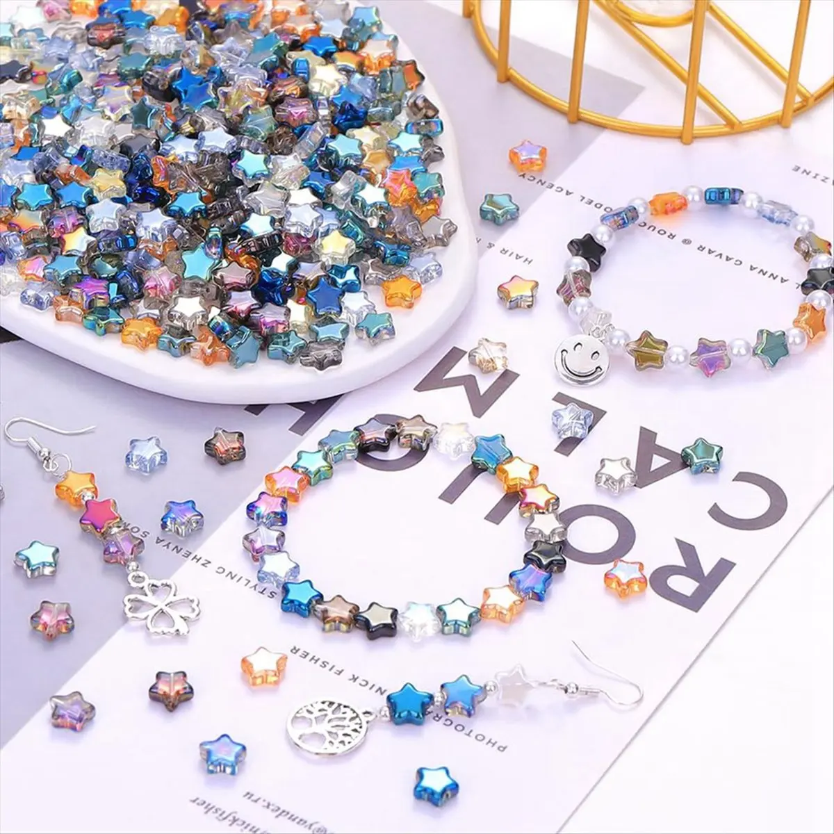 ABNQ 200Pcs 8mm Star Bead Glass Crystal Spacer Beads Colorful Beads for Jewelry Bracelet Making DIY Crafts Gifts for Girls